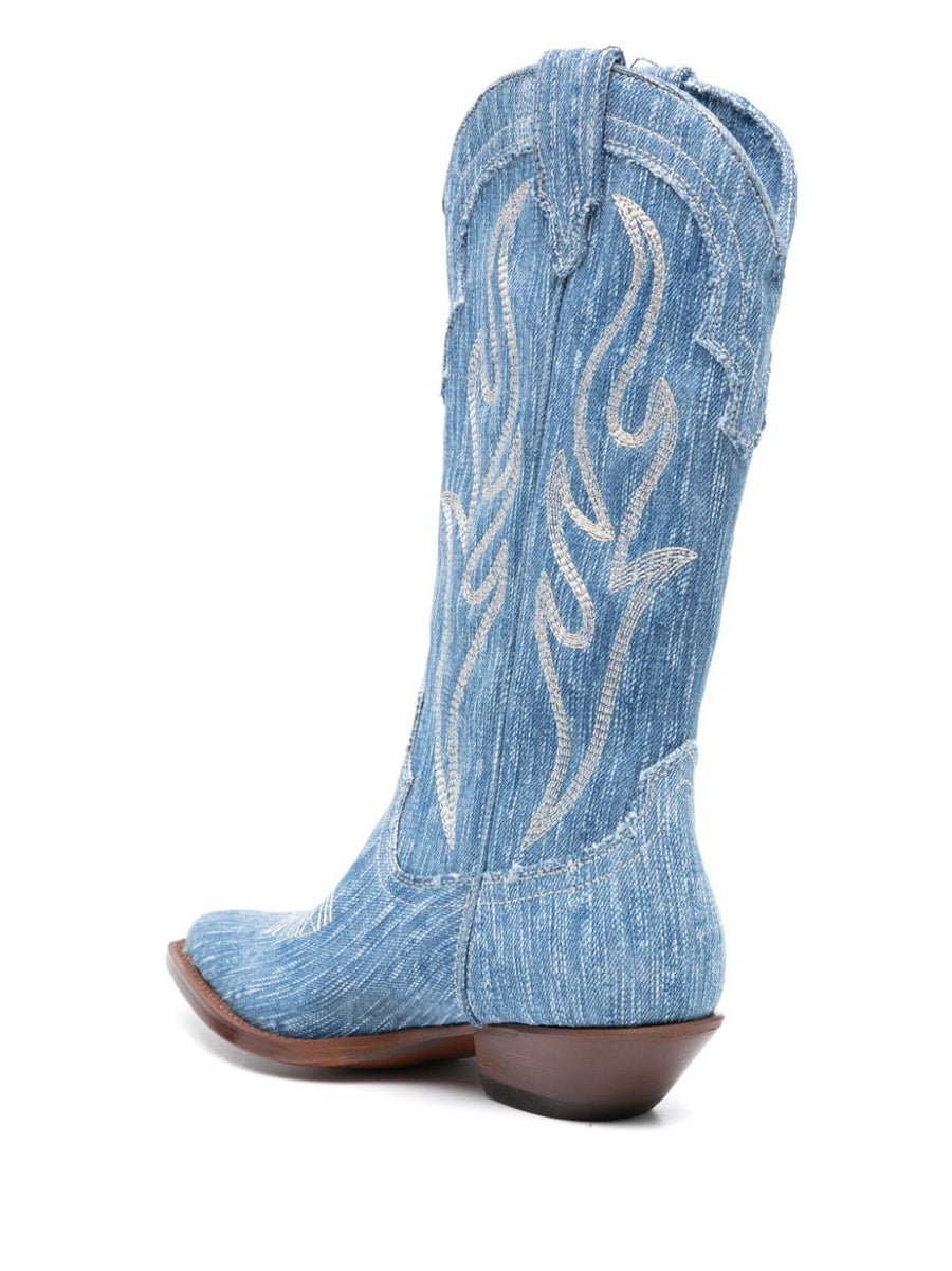 Sonora Denim Boot Western Santa Fe Light Blue Washed Denim Calf Length Slip On Comfort for Women and Block Heel