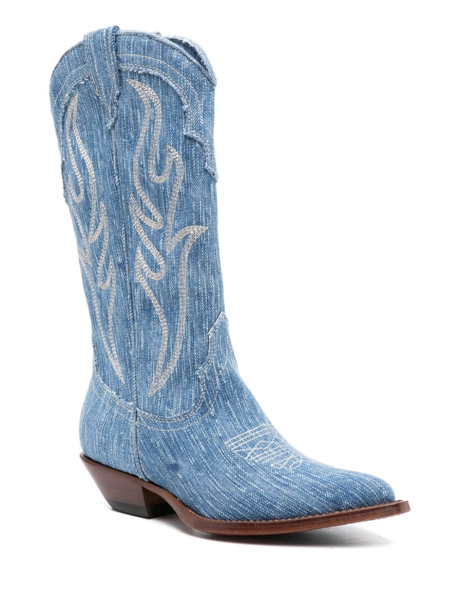 Sonora Denim Boot Western Santa Fe Light Blue Washed Denim Calf Length Slip On Comfort for Women and Block Heel