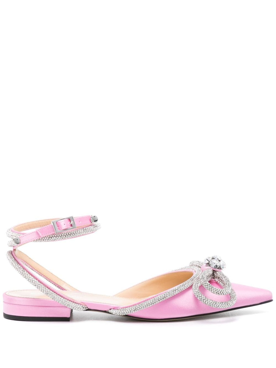 Mach and Mach PRE Double Bow Satin Flats for Women Crystal Embellished Rose Pink Ballet Slingback