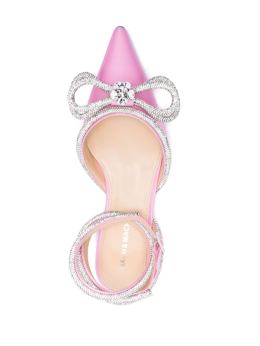 Mach and Mach PRE Double Bow Satin Flats for Women Crystal Embellished Rose Pink Ballet Slingback