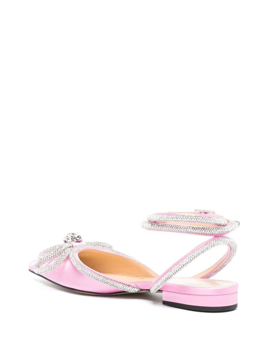 Mach and Mach PRE Double Bow Satin Flats for Women Crystal Embellished Rose Pink Ballet Slingback