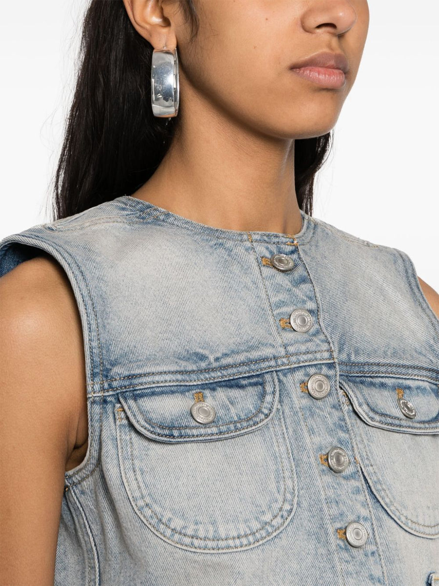 Courrèges Pre Denim Cropped Vest Light Blue 100% Cotton Sleeveless With Front Buttons For Modern Women
