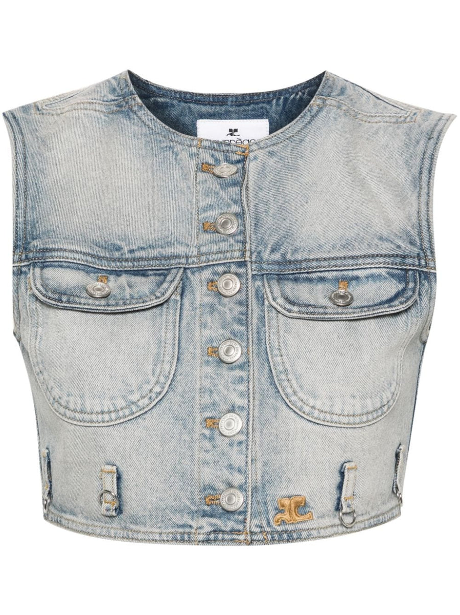 Courrèges Pre Denim Cropped Vest Light Blue 100% Cotton Sleeveless With Front Buttons For Modern Women