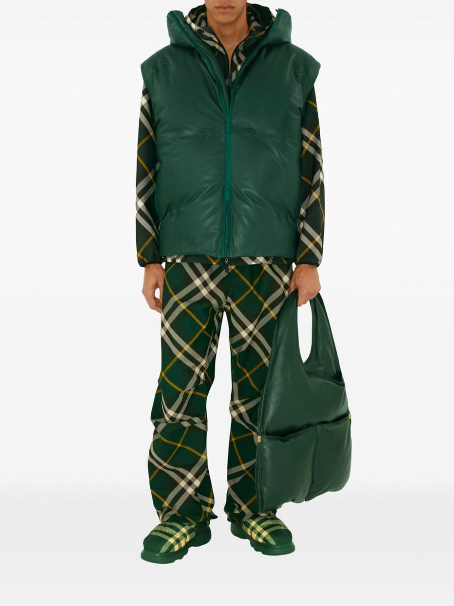 Burberry Wide Leg Trousers For Men With Dark Green Check Pattern And Equestrian Motif