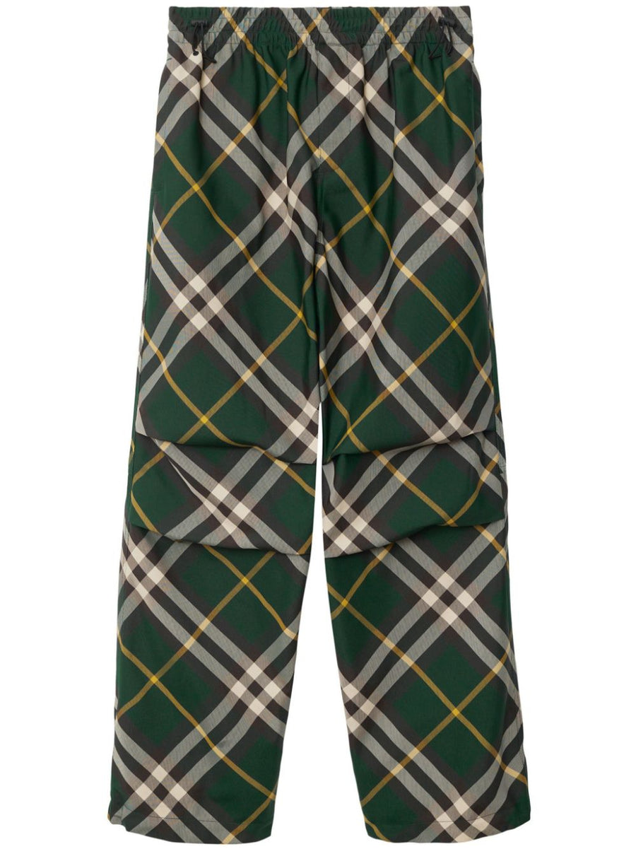 Burberry Wide Leg Trousers For Men With Dark Green Check Pattern And Equestrian Motif