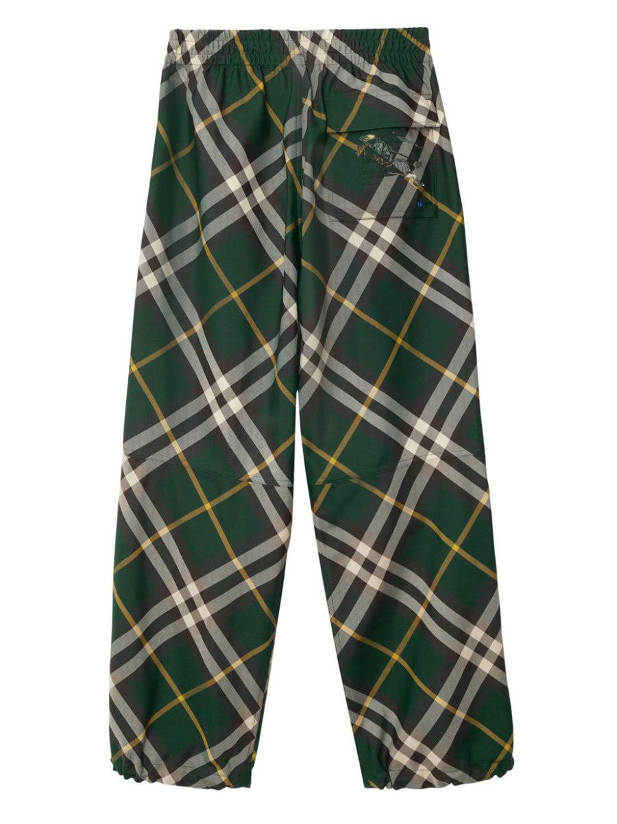 Burberry Wide Leg Trousers For Men With Dark Green Check Pattern And Equestrian Motif