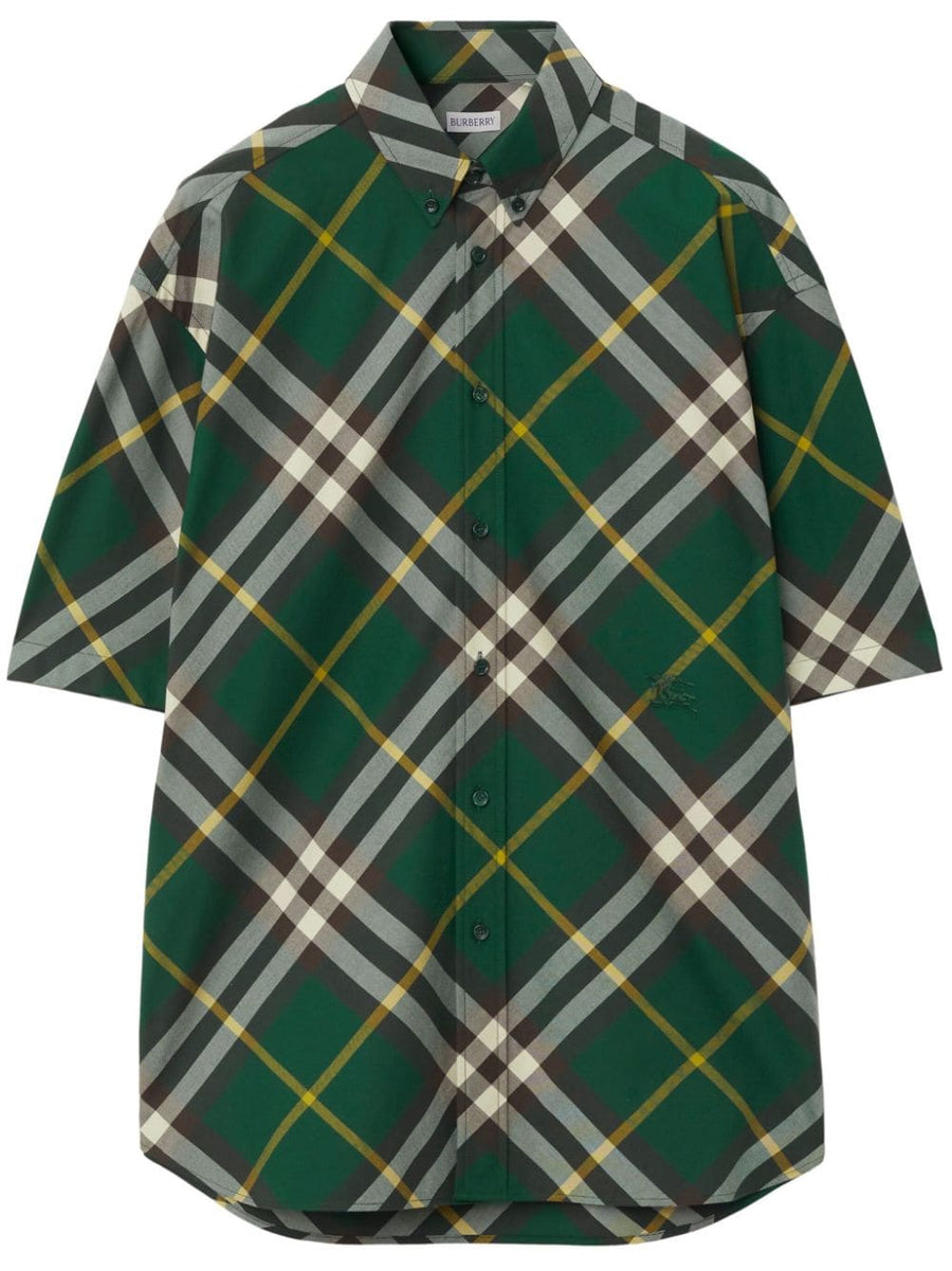 Burberry Embroidered Shirt For Men In Green Plaid Luxury One Hundred Percent Cotton Button Down Collar
