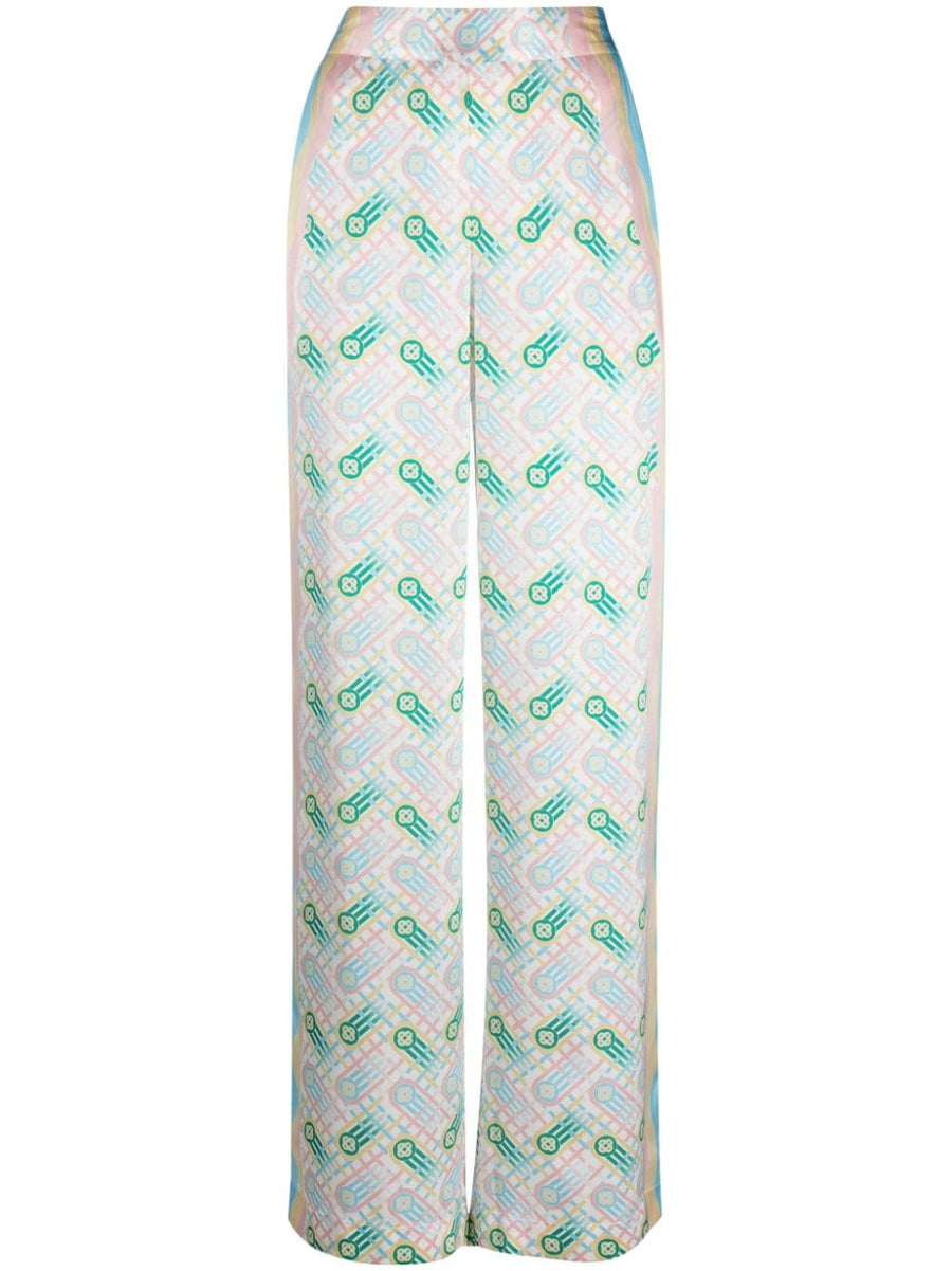 Casablanca Silk Trousers Allover Ping Pong Print High Rise Satin Finish For Women