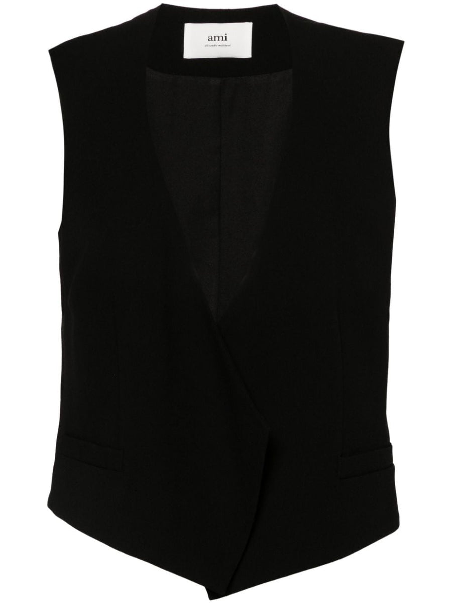 Ami Paris Wool Sleeveless Jacket Open Front V Neck Black Virgin Wool For Refined Everyday Women
