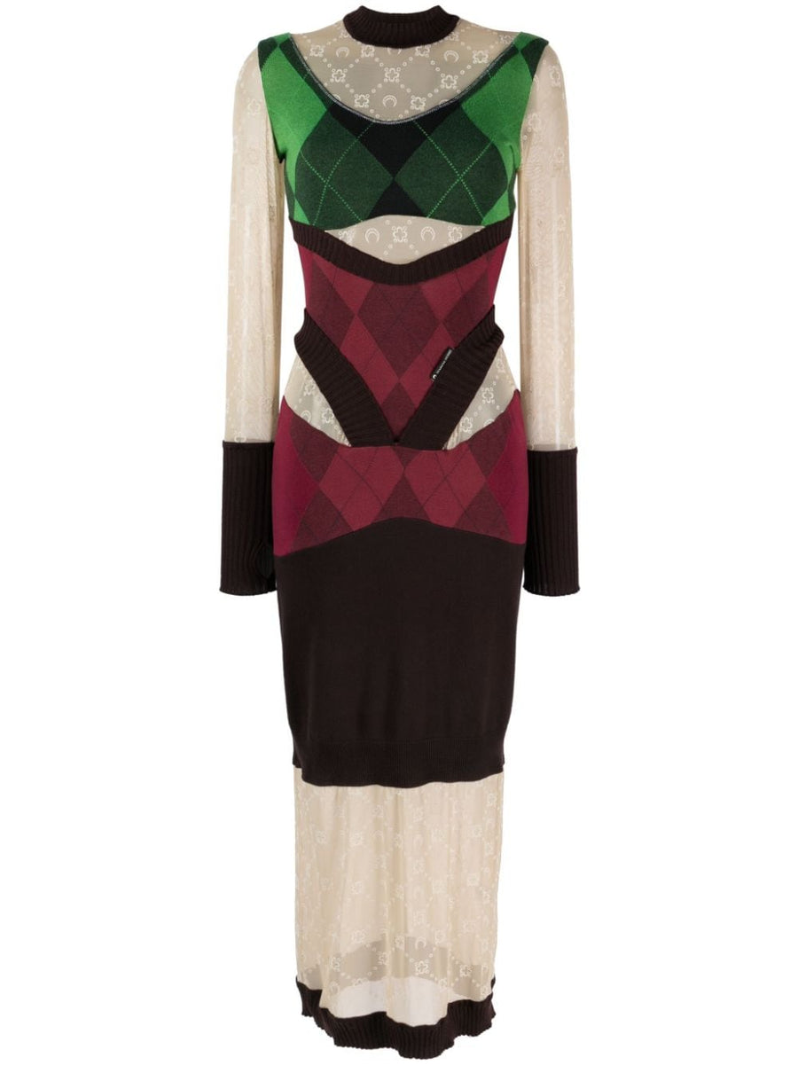 Marine Serre Regenerated Lozenge Knit Midi Dress For Women Sustainable Color Block Knit With Bold Refined Silhouette