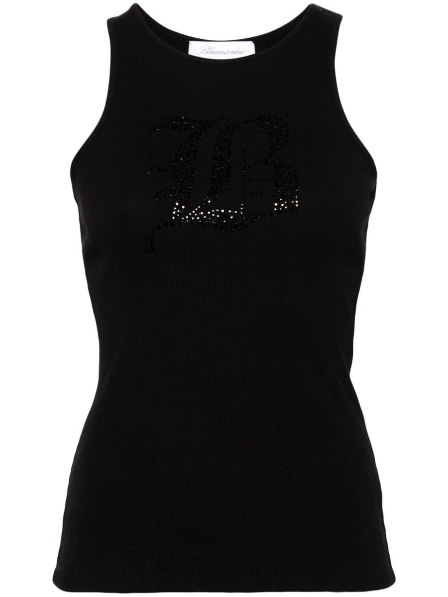 Blumarine Logo Ribbed Cotton Tank Top For Women With Rhinestone Embellishment And Embossed Logo