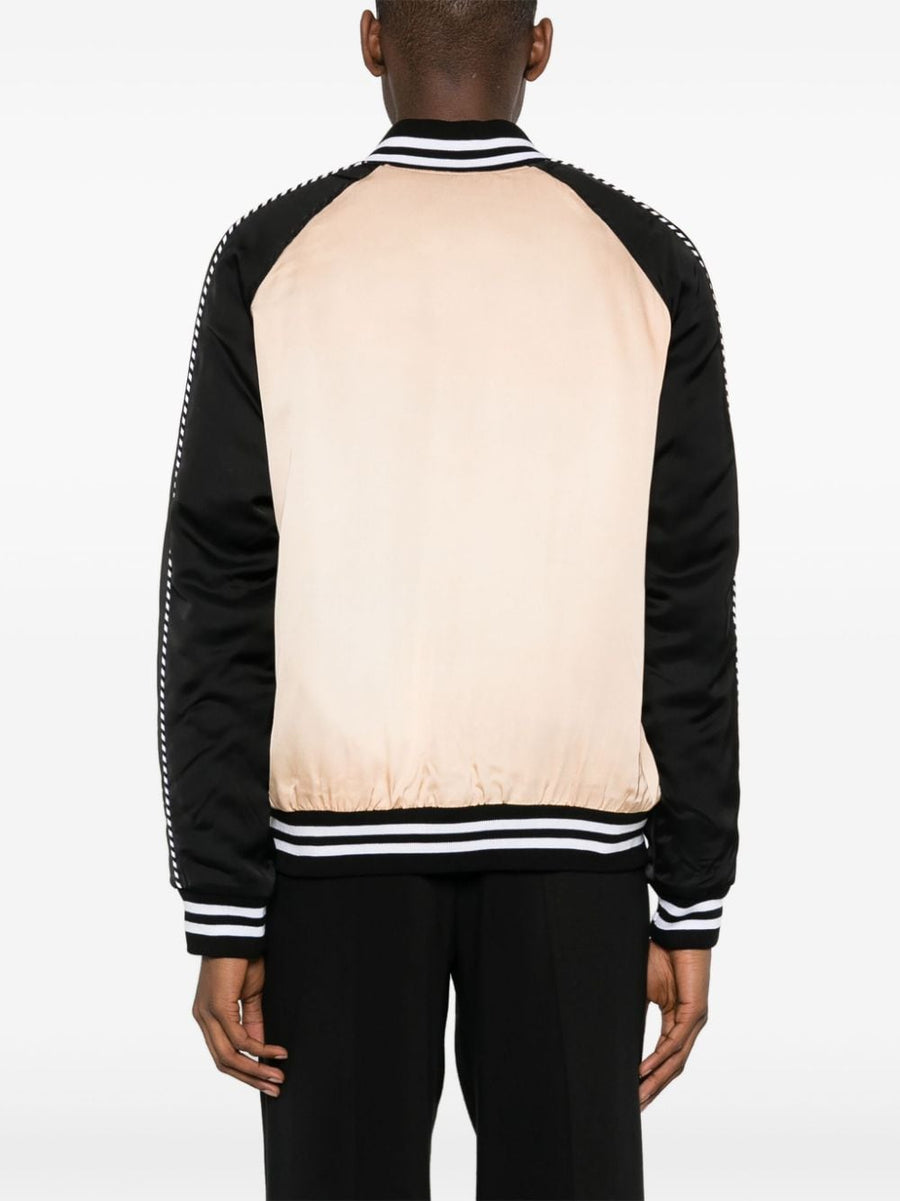 Blue Sky Inn Logo Varsity Jacket For Men - Bold Multicolor Padded Raglan With Beige Detailing