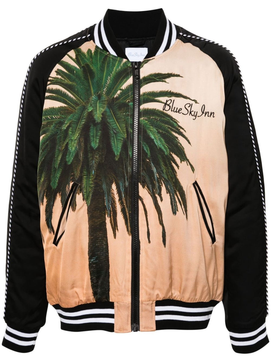 Blue Sky Inn Logo Varsity Jacket For Men - Bold Multicolor Padded Raglan With Beige Detailing