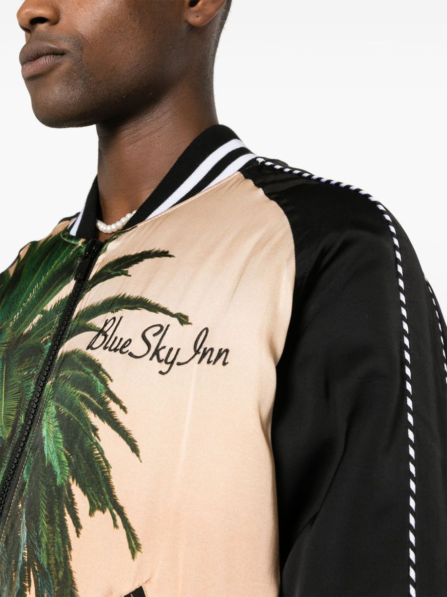 Blue Sky Inn Logo Varsity Jacket For Men - Bold Multicolor Padded Raglan With Beige Detailing