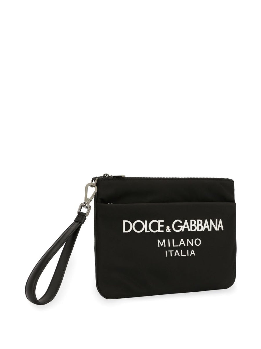 Dolce And Gabbana Nylon Pouch For Men With Rubberized Logo Front Zip Pocket And Everyday Carry