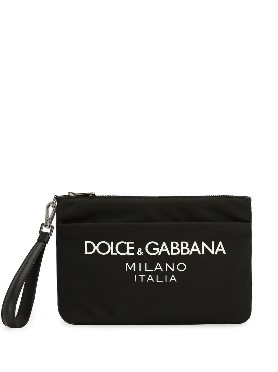 Dolce And Gabbana Nylon Pouch For Men With Rubberized Logo Front Zip Pocket And Everyday Carry