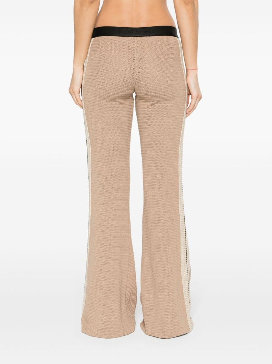 Palm Angels Logo Tape Knitted Trousers For Women Two Tone Beige Black Crochet Knit Comfort Streetwear