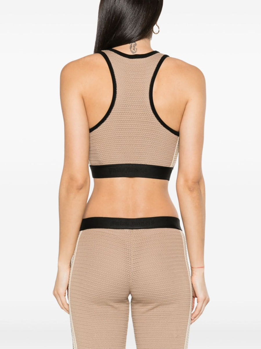 Palm Angels Knitted Cropped Top For Women Two Tone Beige Black Knit Elastic Hem
