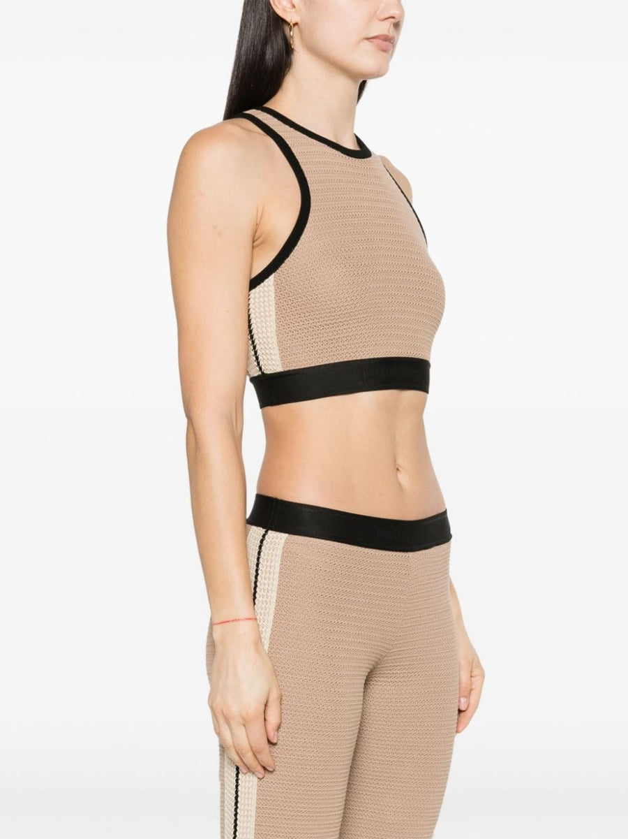 Palm Angels Knitted Cropped Top For Women Two Tone Beige Black Knit Elastic Hem