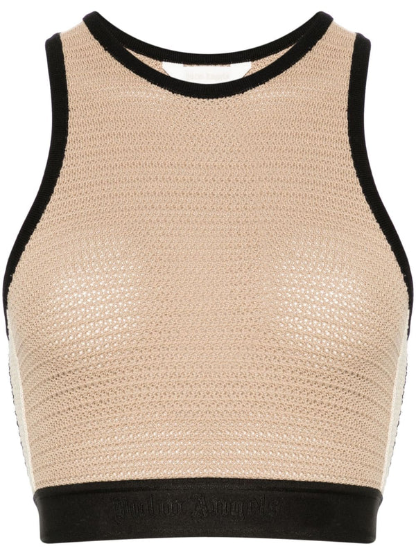 Palm Angels Knitted Cropped Top For Women Two Tone Beige Black Knit Elastic Hem