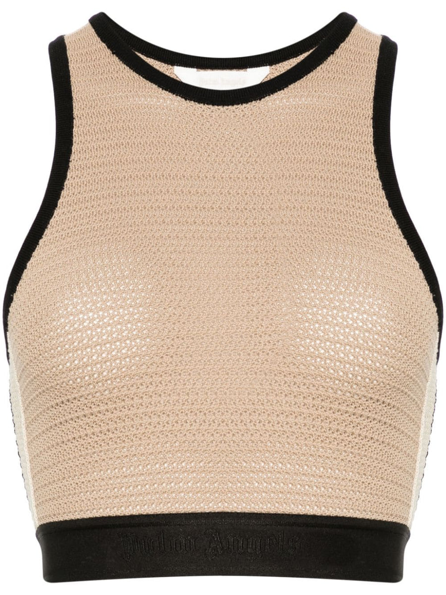 Palm Angels Knitted Cropped Top For Women Two Tone Beige Black Knit Elastic Hem
