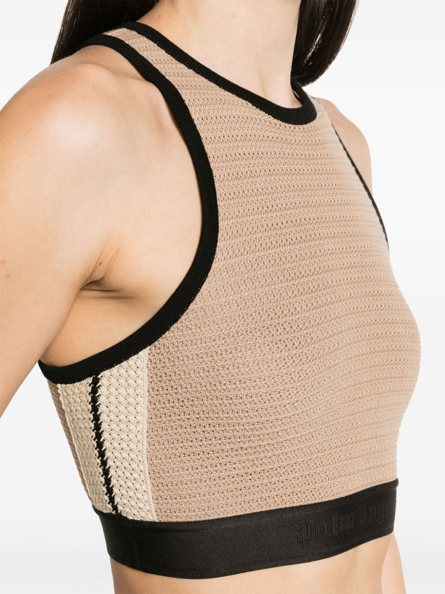 Palm Angels Knitted Cropped Top For Women Two Tone Beige Black Knit Elastic Hem