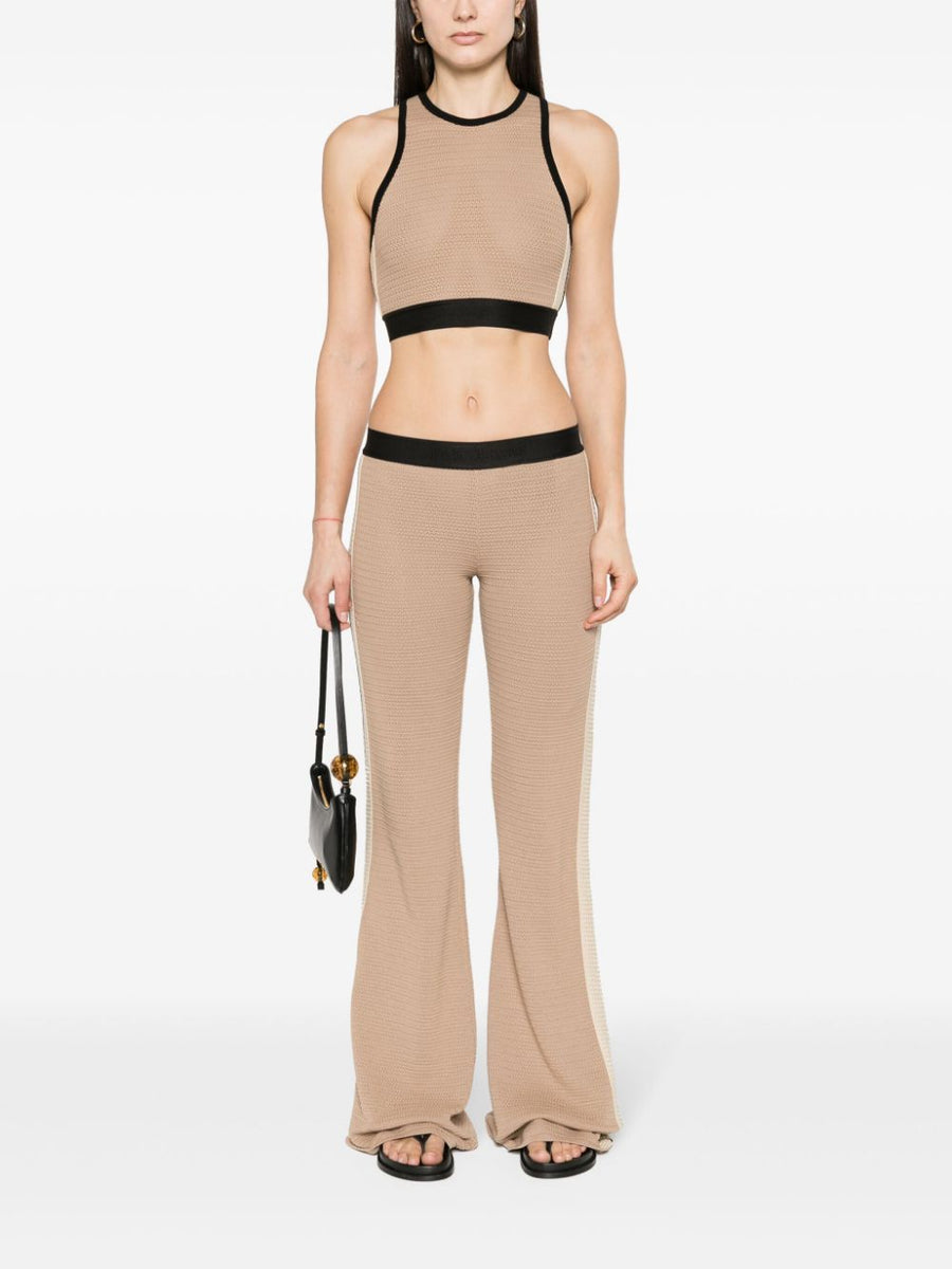 Palm Angels Knitted Cropped Top For Women Two Tone Beige Black Knit Elastic Hem