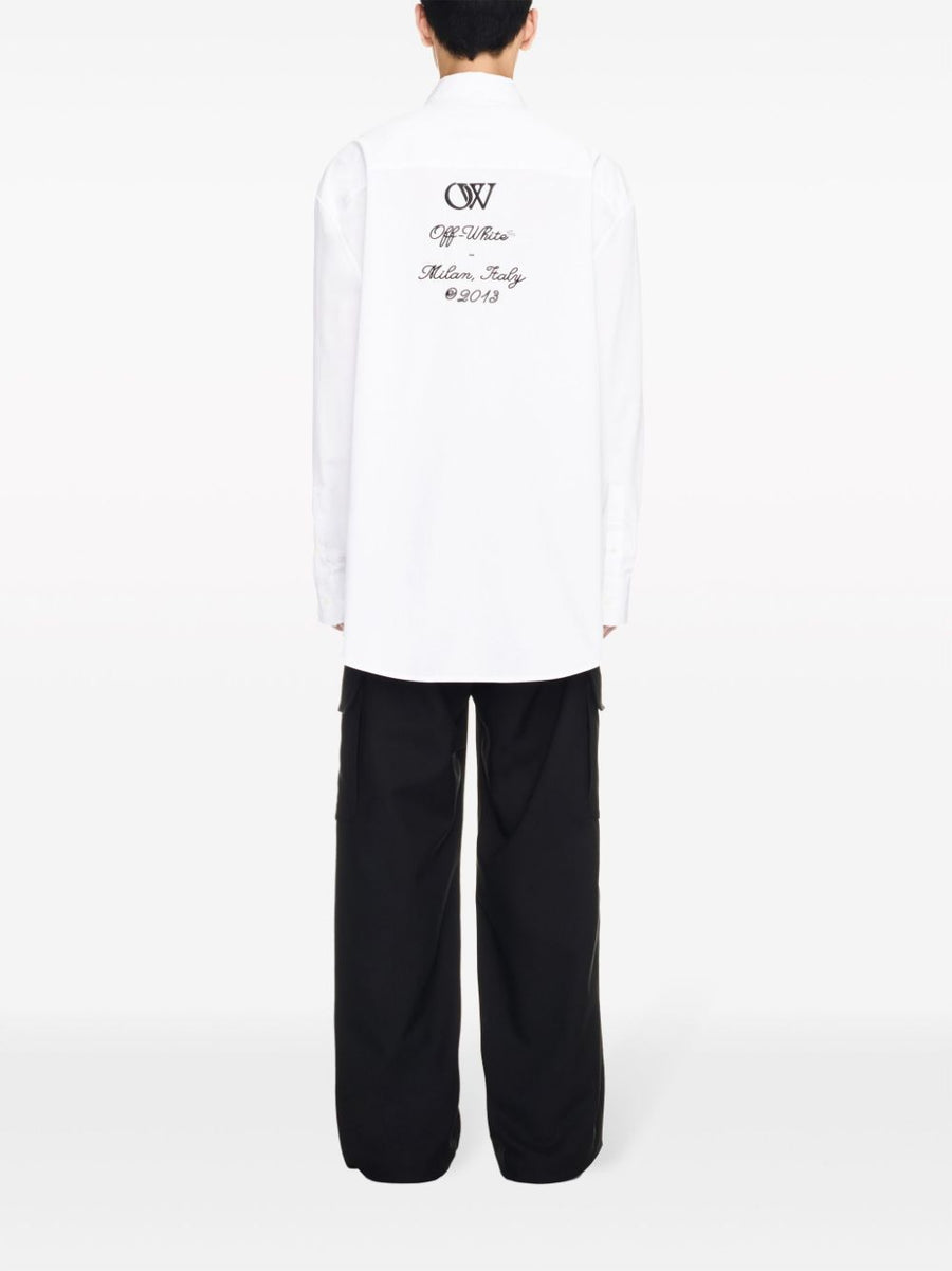 Off White Cotton Shirt With Embroidered Patch For Men Front Button Collared White Shirt