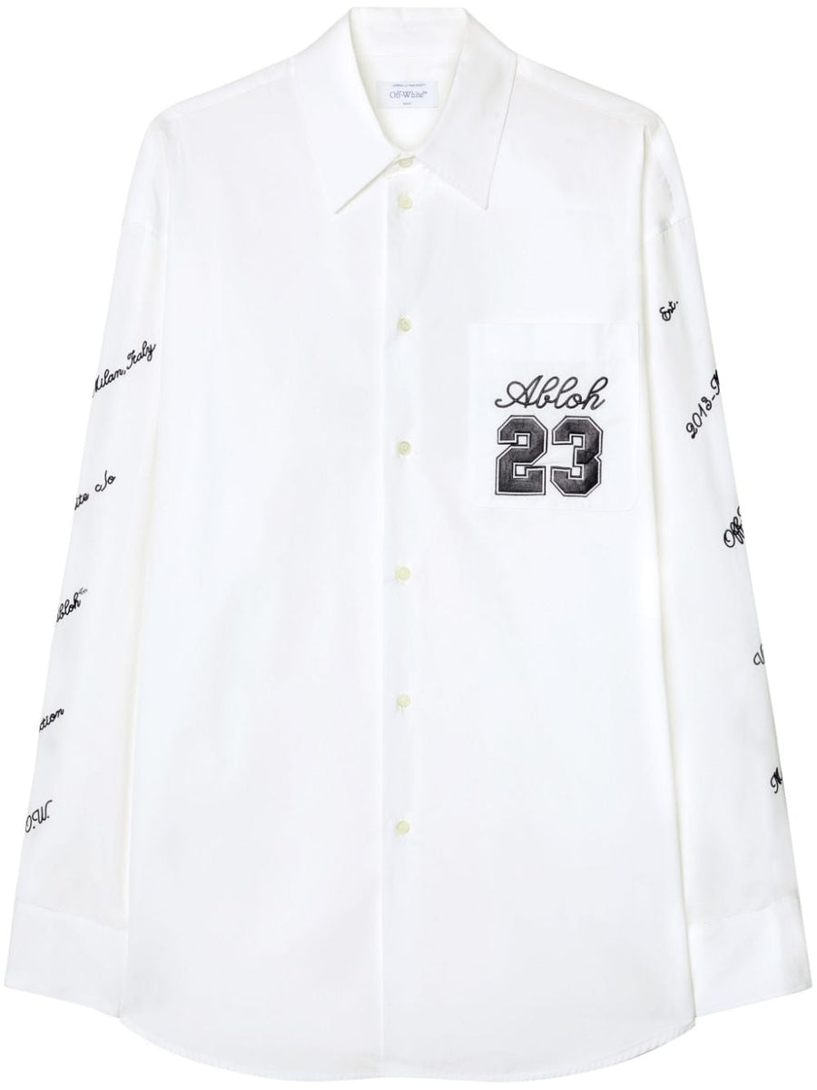 Off White Cotton Shirt With Embroidered Patch For Men Front Button Collared White Shirt