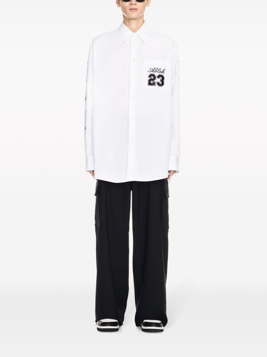 Off White Cotton Shirt With Embroidered Patch For Men Front Button Collared White Shirt