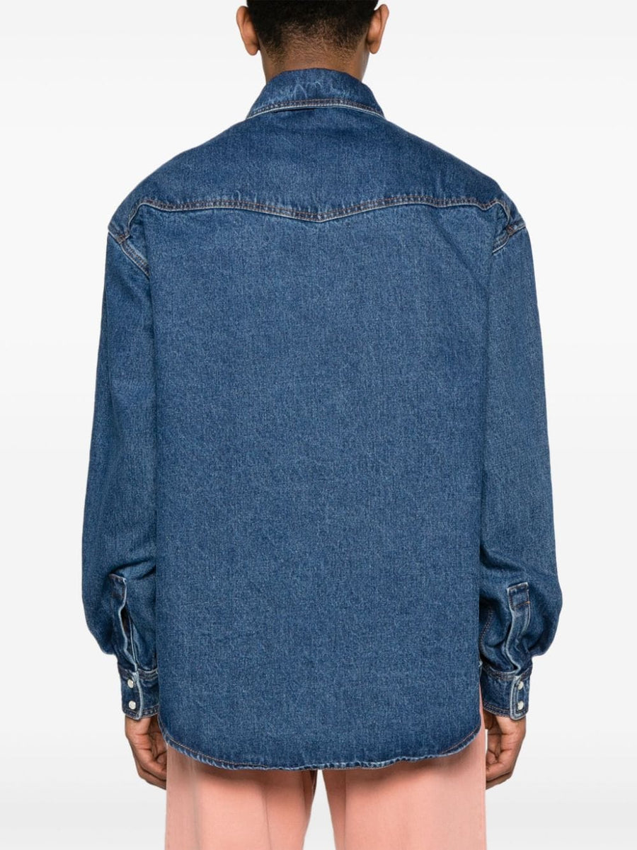 Palm Angels Monogram Denim Shirt For Men With Embroidered Front Logo And Navy Cotton Detail