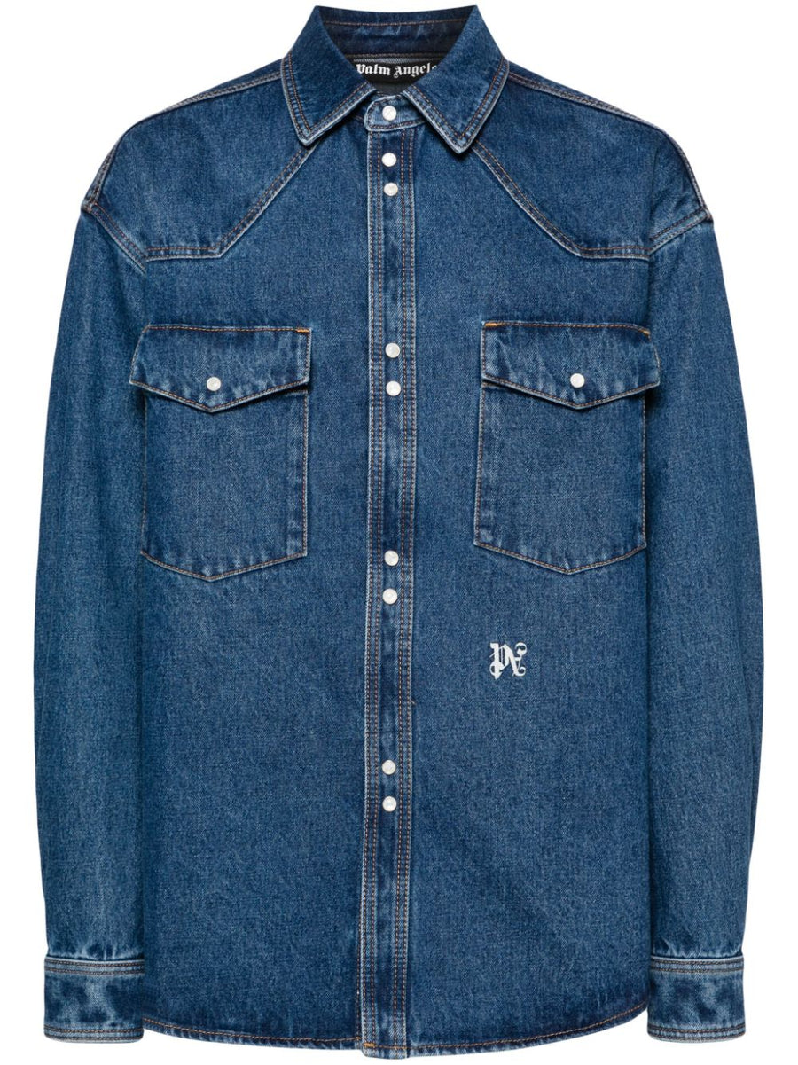 Palm Angels Monogram Denim Shirt For Men With Embroidered Front Logo And Navy Cotton Detail