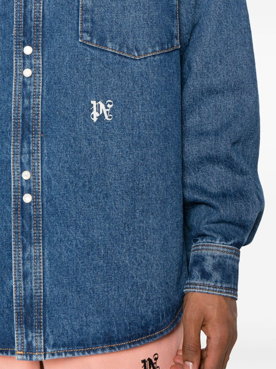 Palm Angels Monogram Denim Shirt For Men With Embroidered Front Logo And Navy Cotton Detail