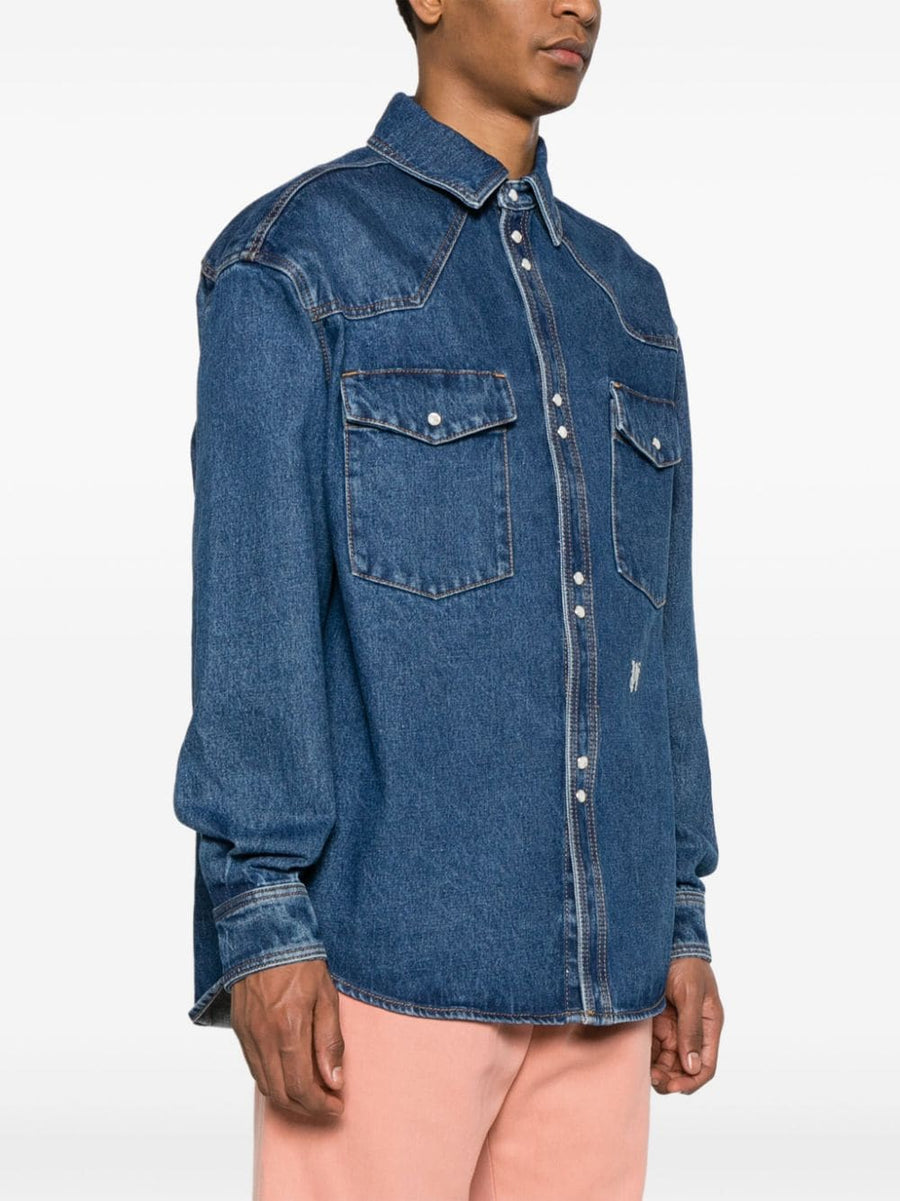 Palm Angels Monogram Denim Shirt For Men With Embroidered Front Logo And Navy Cotton Detail