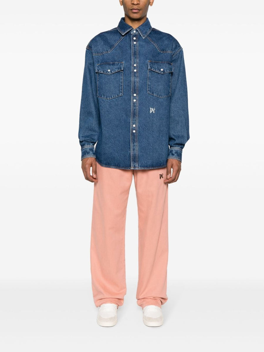 Palm Angels Monogram Denim Shirt For Men With Embroidered Front Logo And Navy Cotton Detail