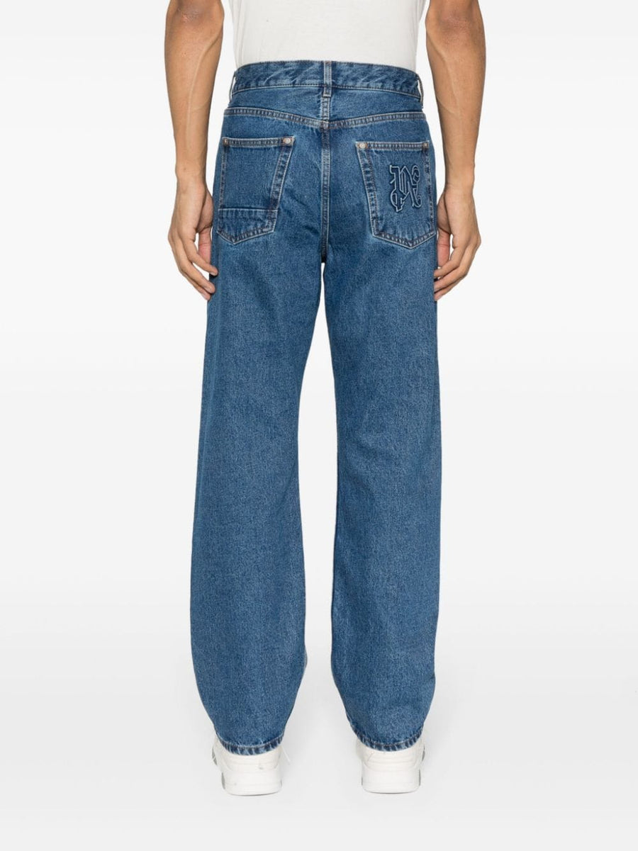 Palm Angels Monogram Denim Jeans Navy One Hundred Percent Cotton Midwash With Contrast Stitching For Men