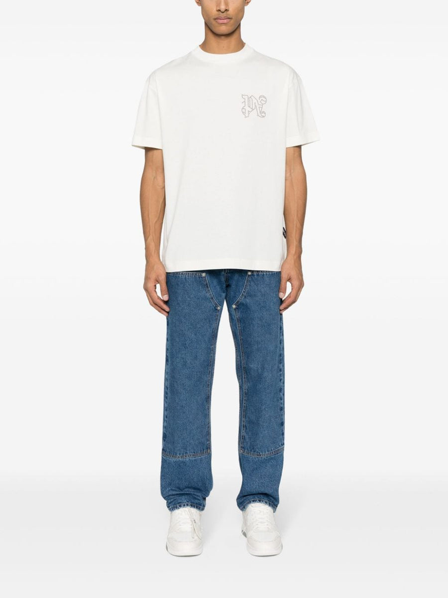 Palm Angels Monogram Denim Jeans Navy One Hundred Percent Cotton Midwash With Contrast Stitching For Men