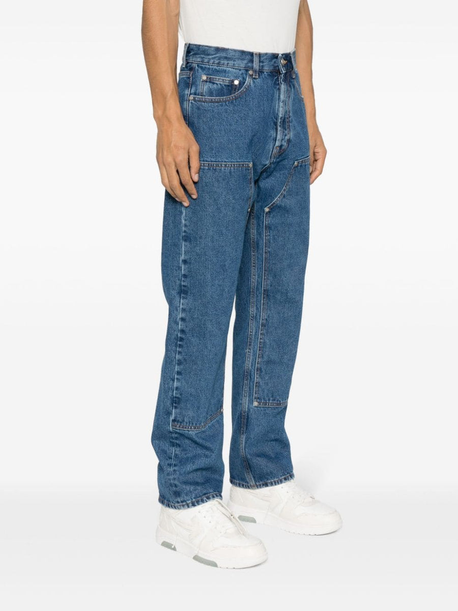 Palm Angels Monogram Denim Jeans Navy One Hundred Percent Cotton Midwash With Contrast Stitching For Men