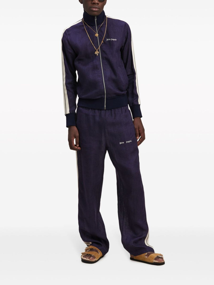 Palm Angels Logo Track Jacket For Men Navy Blue With Front Zip Linen Embroidered Chest Logo Premium Streetwear