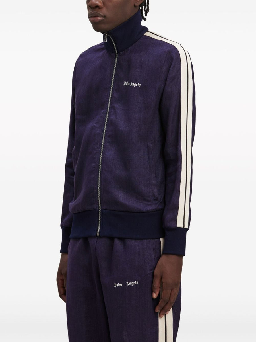 Palm Angels Logo Track Jacket For Men Navy Blue With Front Zip Linen Embroidered Chest Logo Premium Streetwear