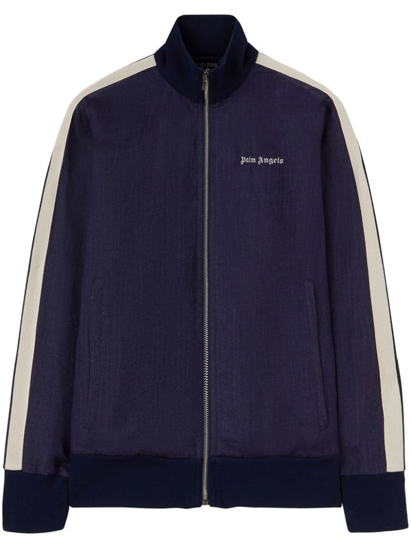 Palm Angels Logo Track Jacket For Men Navy Blue With Front Zip Linen Embroidered Chest Logo Premium Streetwear