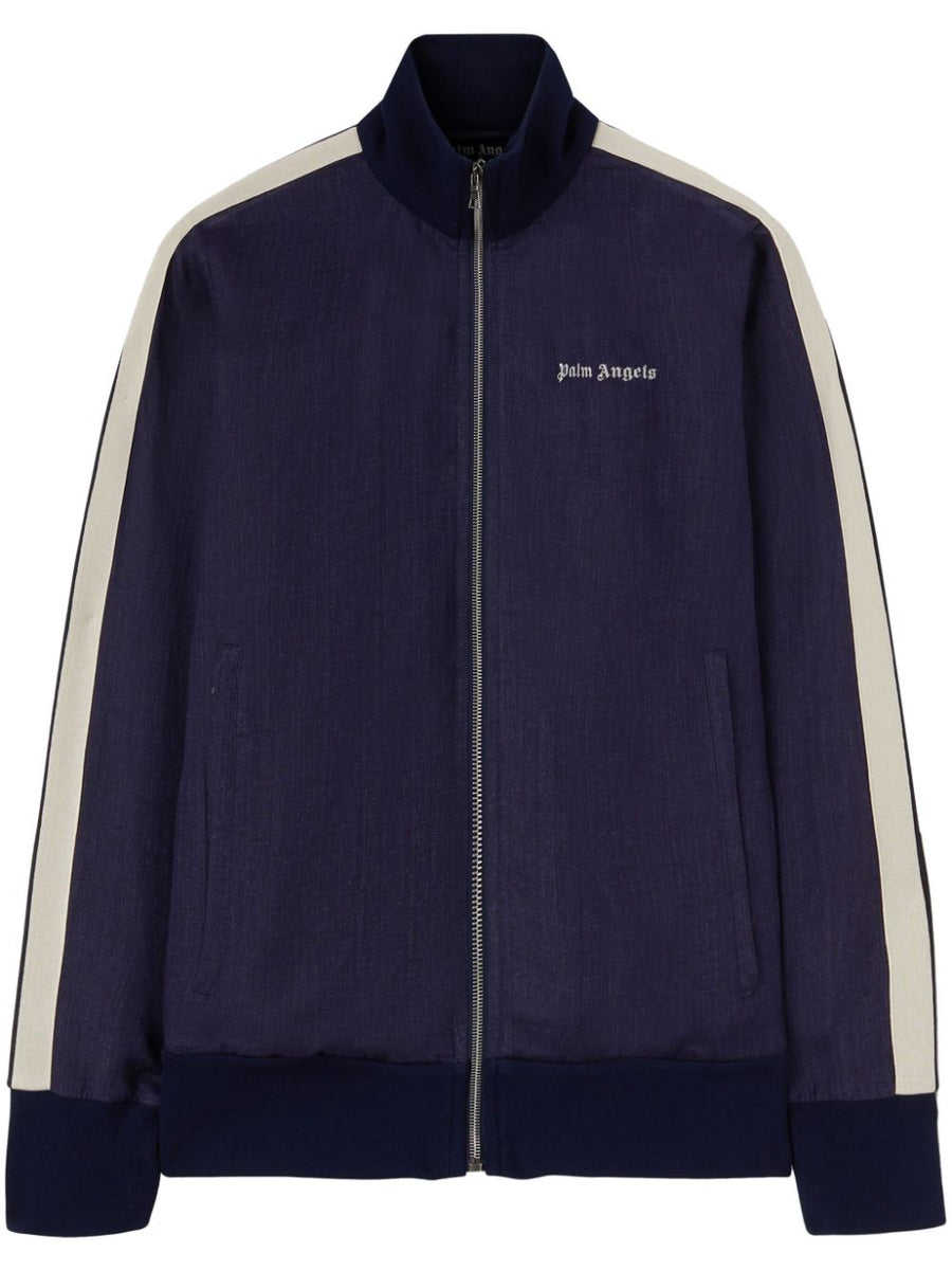 Palm Angels Logo Track Jacket For Men Navy Blue With Front Zip Linen Embroidered Chest Logo Premium Streetwear