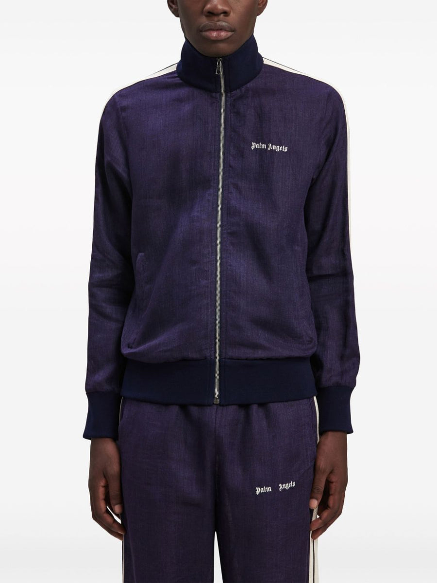 Palm Angels Logo Track Jacket For Men Navy Blue With Front Zip Linen Embroidered Chest Logo Premium Streetwear
