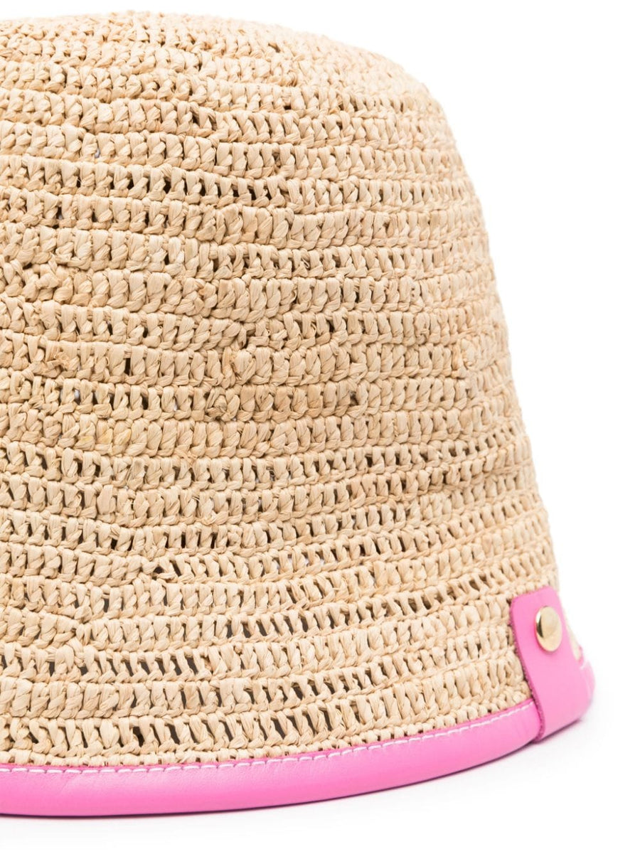 Jacquemus Le Bob Soli Bucket Hat For Women Luxe Raffia Weave Leather Trim Wide Brim
