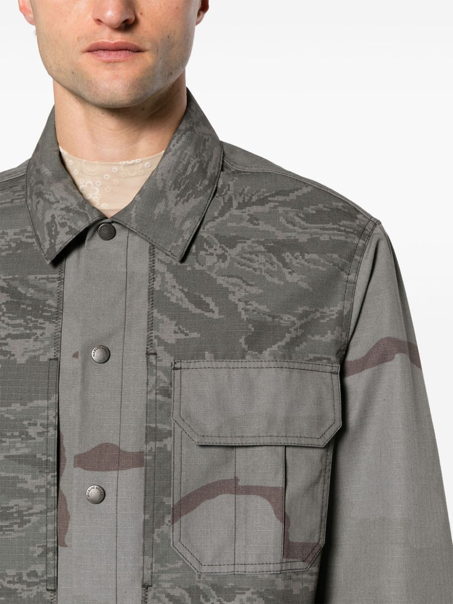 Marine Serre Rispstop Shirt Jacket Durable Ripstop Grey Camouflage For Men Versatile Layering Essential