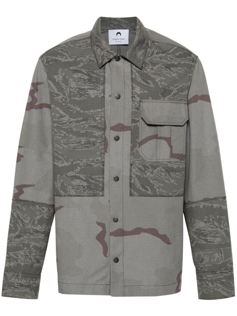 Marine Serre Rispstop Shirt Jacket Durable Ripstop Grey Camouflage For Men Versatile Layering Essential