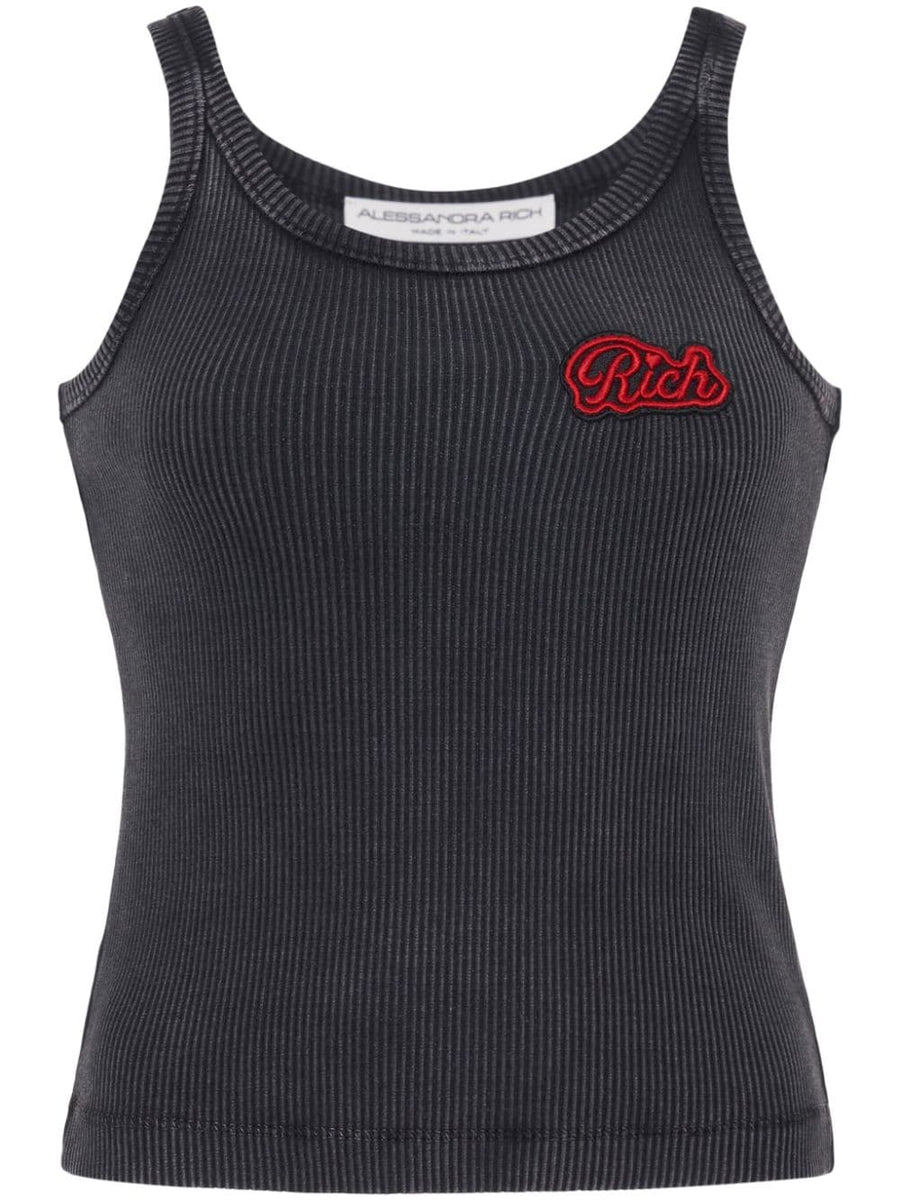 Alessandra Rich Luxury Logo Ribbed Cotton Tank Top For Women Applique Logo Round Neck Sleeveless
