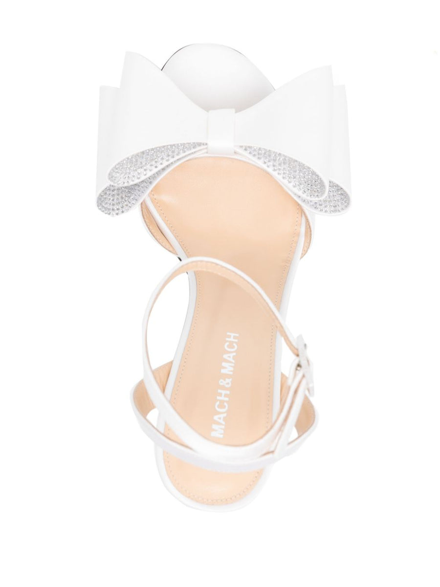 Mach & Mach Le Cadeau Satin Sandals for Women White Round Toe Oversize Bow Crystal Embellished Bridal Evening Heel