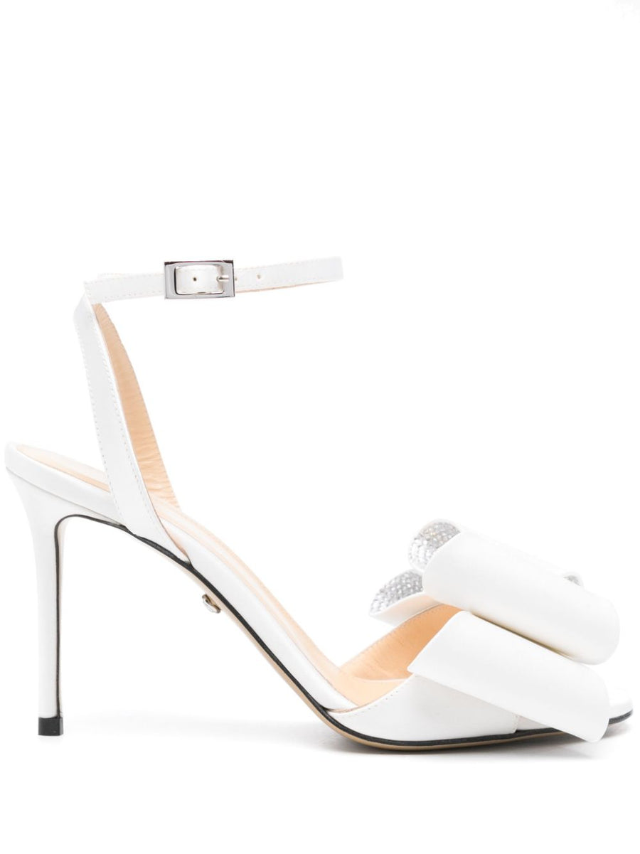 Mach & Mach Le Cadeau Satin Sandals for Women White Round Toe Oversize Bow Crystal Embellished Bridal Evening Heel