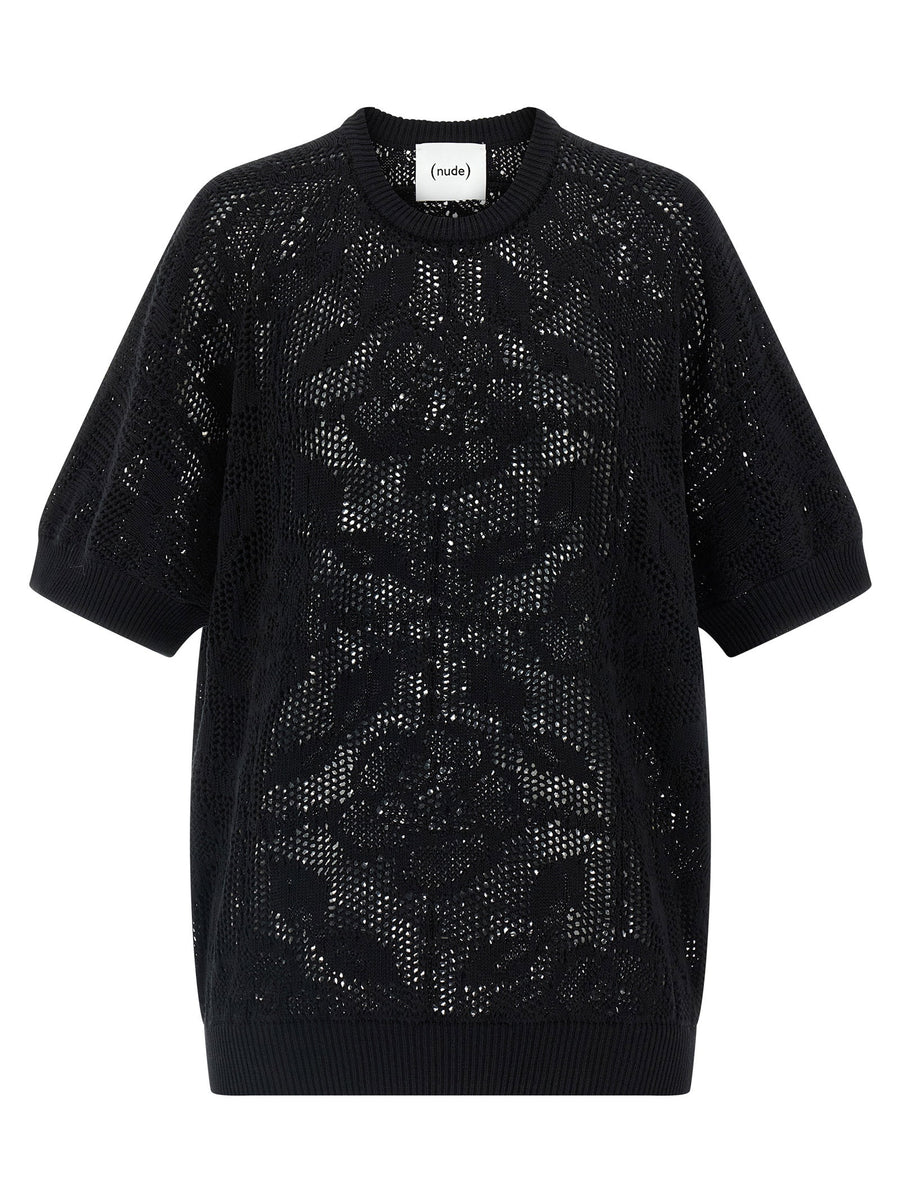 Nude Openwork Cotton Sweater for Women Black Lightweight Breathable Knit with Asymmetric Hem